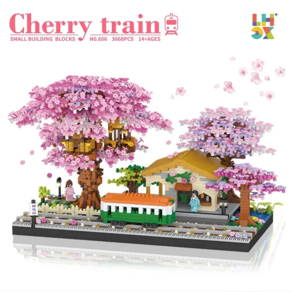 3668pcs Japanese Sakura Tree House Micro Blocks Cherry Blossom Train Station